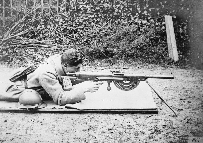 Figure 3 — Châlons-sur-Marne, January 1918, at the training centre for automatic riflemen: a demonstration of how not to shoulder the Chauchat; the original French caption says the gunner "receives the slap".…
