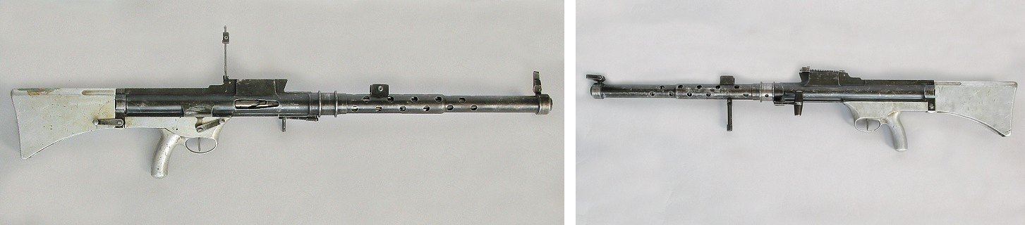 Figure 2 — The C.S. aircraft machine gun Model 1913, serial number 34, in the collection of the Vojenský historický ústav, Prague, seen from both sides. The perforated barrel jacket and the long-recoil layout…