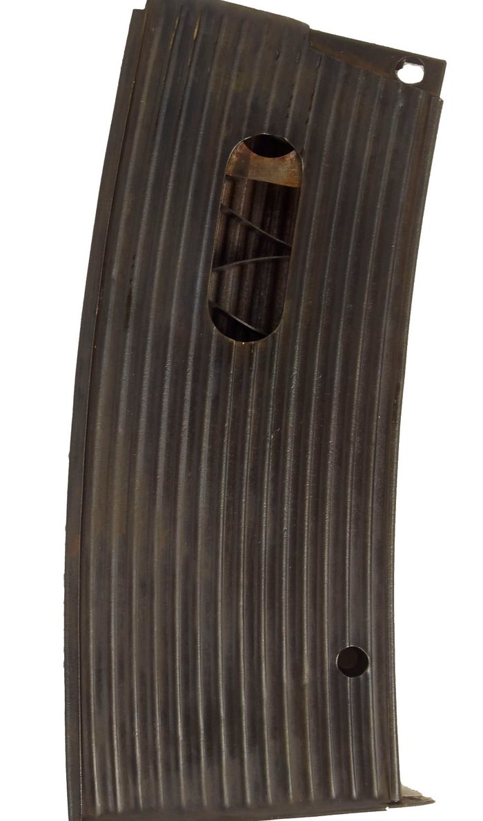 Figure 5 — The 16-round box magazine of a Model 1918 Chauchat in .30-06, with the follower and spring visible through its window. Photograph: International Military Antiques, ima-usa.com.