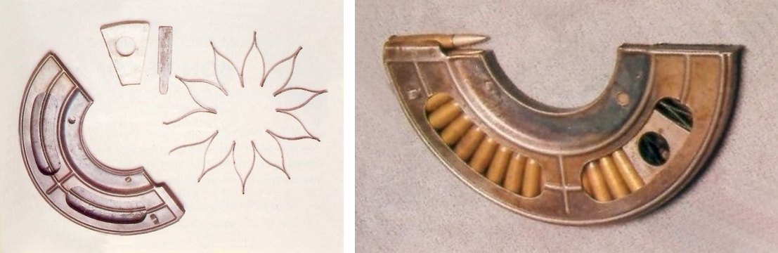 Figure 4 — Left, a magazine stripped: the two pressed halves, the follower, and the zig-zag spring opened out into a star. Right, a magazine loaded, with cases visible through the windows and the top round he…
