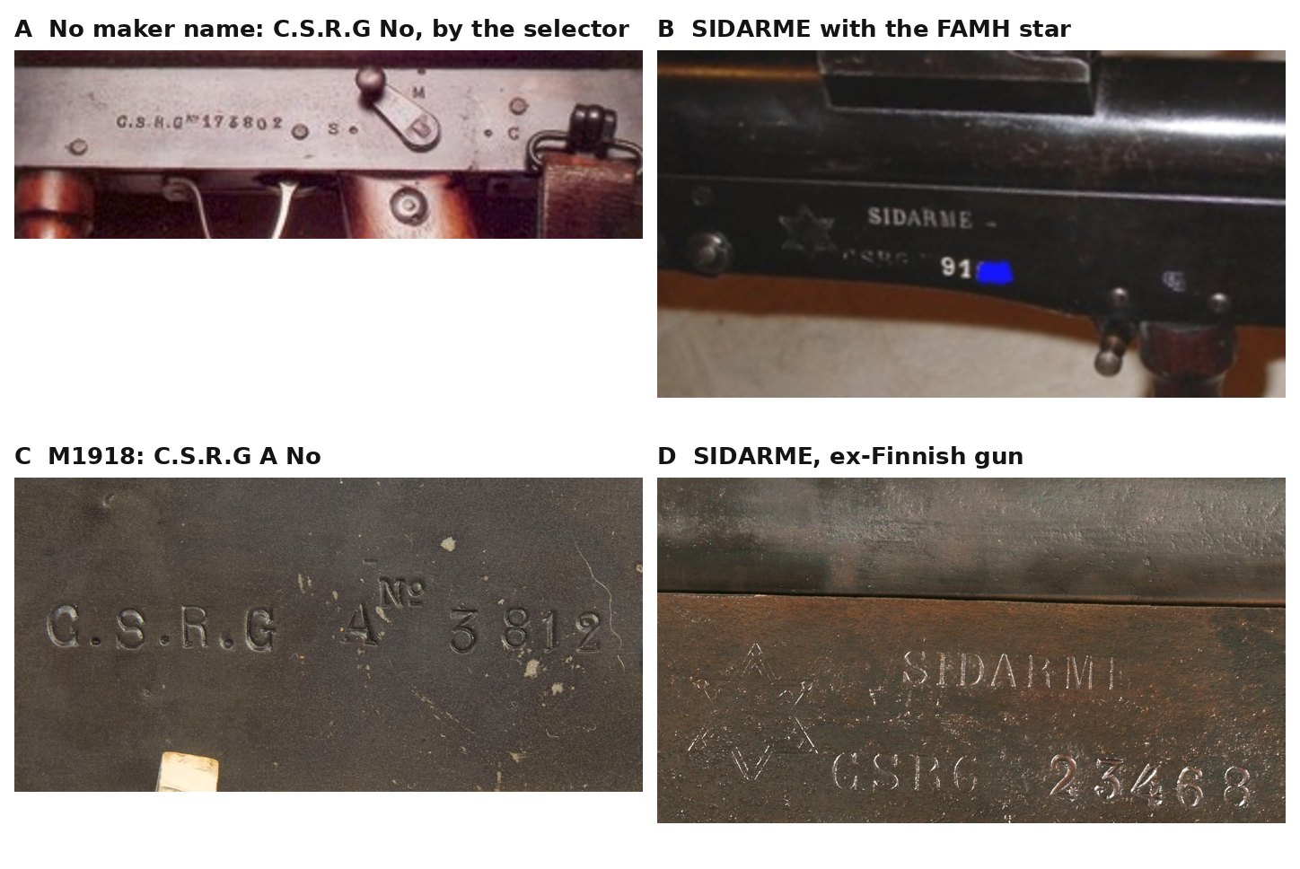 Figure 2 — Markings on the left of the trigger housing. A: a French gun marked only "C.S.R.G No" with its number, beside the selector arc with S, M and C. B: a SIDARME gun, with the FAMH star and the maker's …