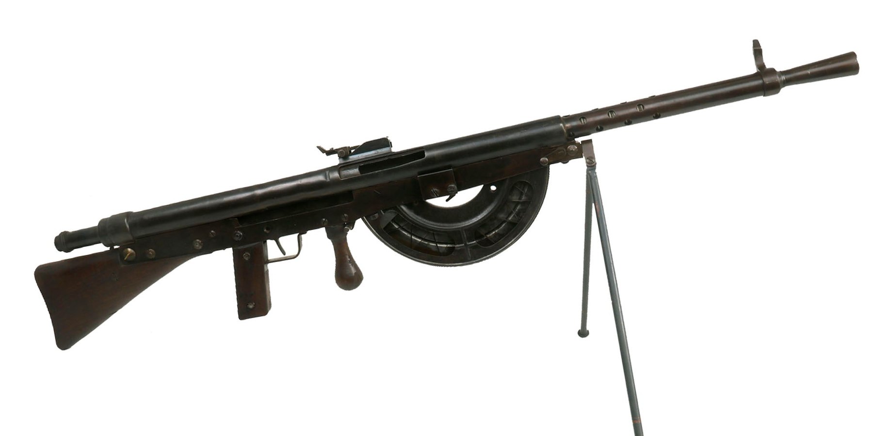 Figure 4 — A SIDARME-made Model 1915 that the dealer identifies as ex-Finnish from its "SA" stamp, seen from the right. From this side the magazine's perforated side is visible, with the cartridges behind it,…