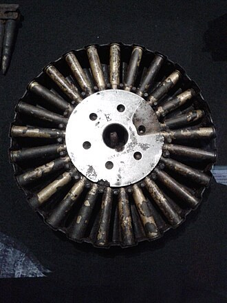Figure 3 — An original 47-round Lewis pan, loaded, at the In Flanders Fields Museum, Ypres. The cartridges lie radially with their bullets toward the centre; the corrugated outer wall is the surface the pawls…