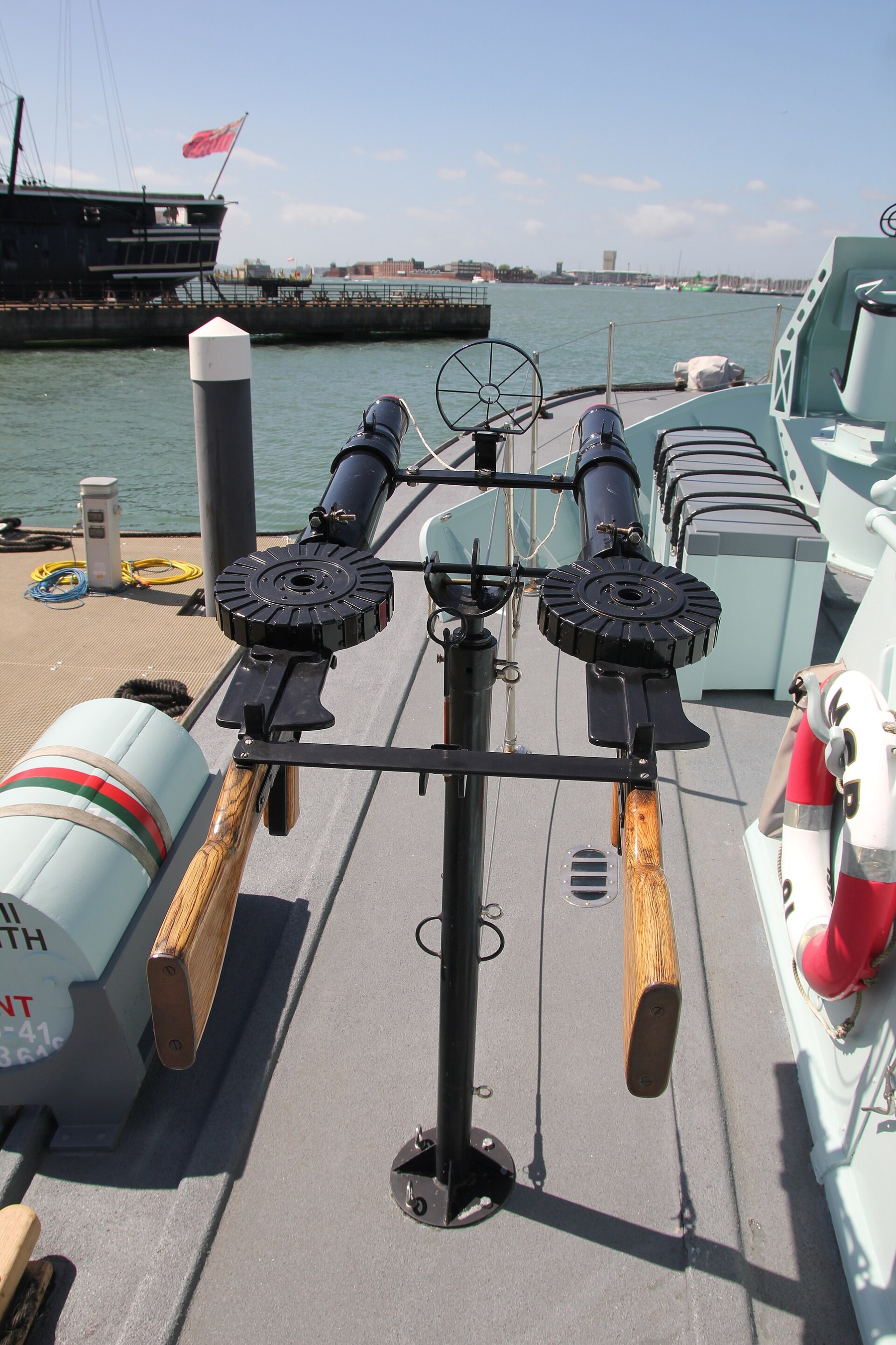 Figure 3 — Twin .303 Lewis guns on a pillar mounting aboard the restored motor gunboat HMS MGB 81 (1942). Photograph by Tim Sheerman-Chase, 13 June 2026, CC BY 4.0, via Wikimedia Commons.