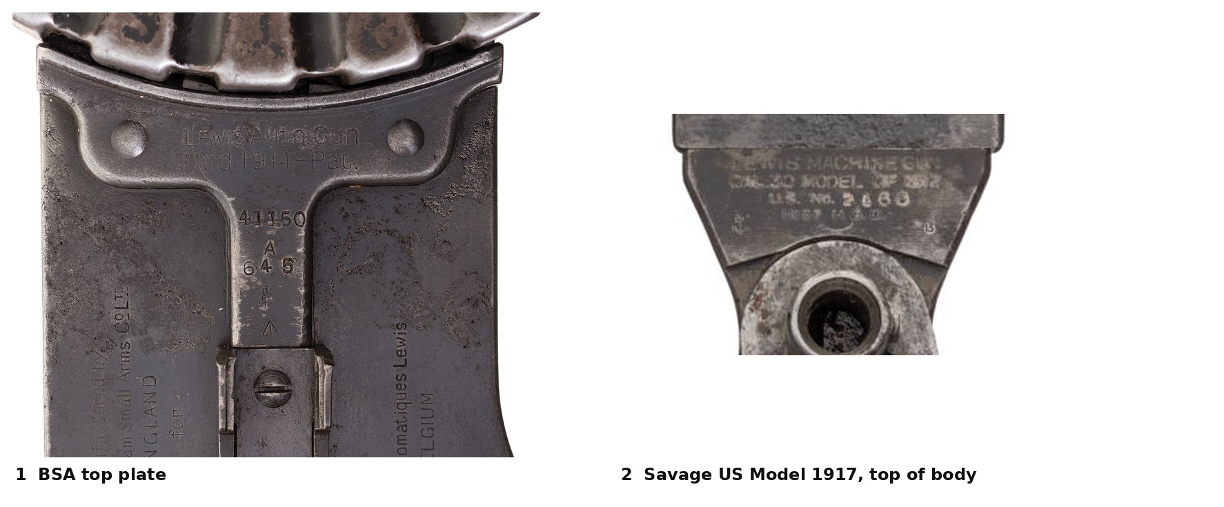 Figure 3 — Body markings. Panel 1, a BSA gun: "Lewis Auto Gun / Mod. 1914 - Pat." in two lines on the top plate, the left side reading "Manufactured by The Birmingham Small Arms Co Ltd, ENGLAND, for" and the …