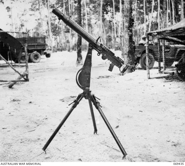 Figure 5 — A captured Japanese 7.7 mm Type 92 Lewis-type gun on its tripod with the anti-aircraft head raised, St Lucia, Queensland, October 1942. Australian War Memorial 069435, public domain, via Wikimedia …