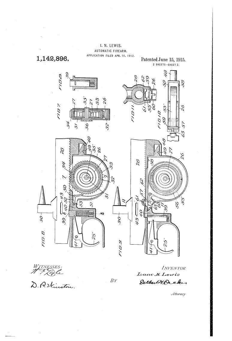 Figure 4 — Sheet 2 of Isaac N. Lewis's US Patent 1,142,896, "Automatic firearm", filed 16 April 1912, granted 15 June 1915. The figures show the receiver, gas cylinder and the convolute spring in its drum bel…