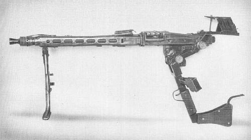Figure 7 — The Dezetgerät, an aiming and firing apparatus with a periscope that let a gunner aim and fire a mounted MG 42 from below the parapet of a trench or foxhole, as photographed for US intelligence in …