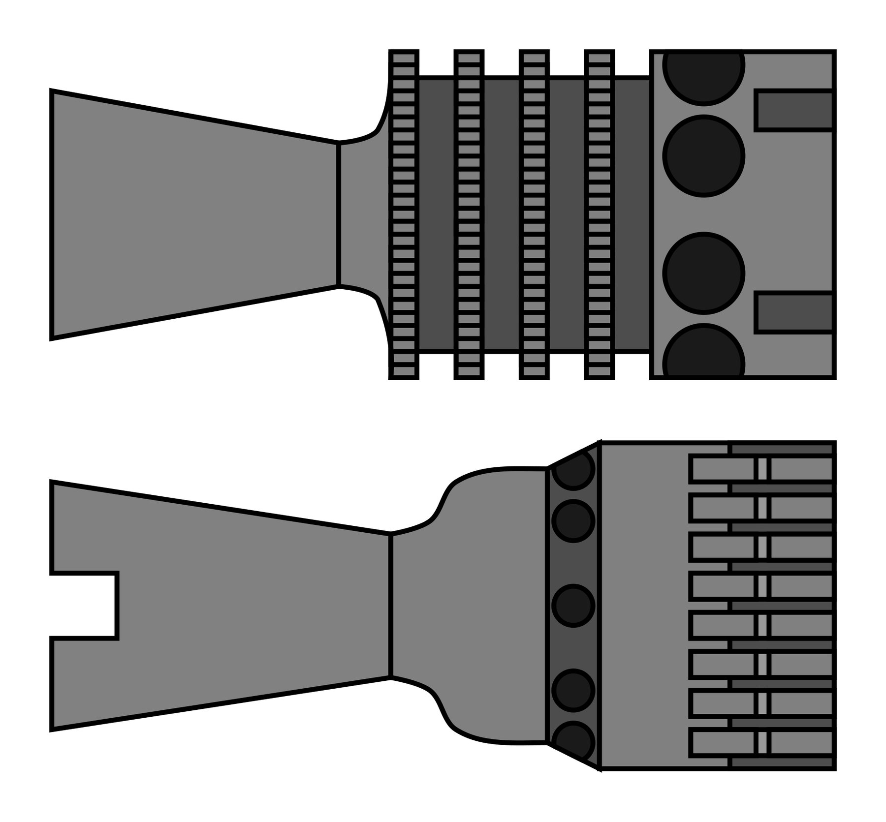 Figure 5 — The MG 42's muzzle booster (top) and the MG 3's (bottom) in section, as drawn by a Wikimedia Commons contributor; the two differ in the shape of the cone and the arrangement of the vents. Diagram: …