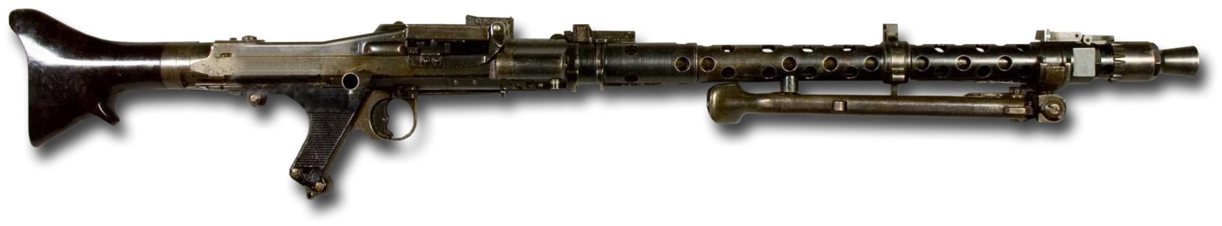 Figure 2 — An MG 34 from the collection of the Armémuseum, Stockholm, right side, muzzle to the right. The round, perforated barrel jacket, the double trigger and the machined receiver are the features the MG…