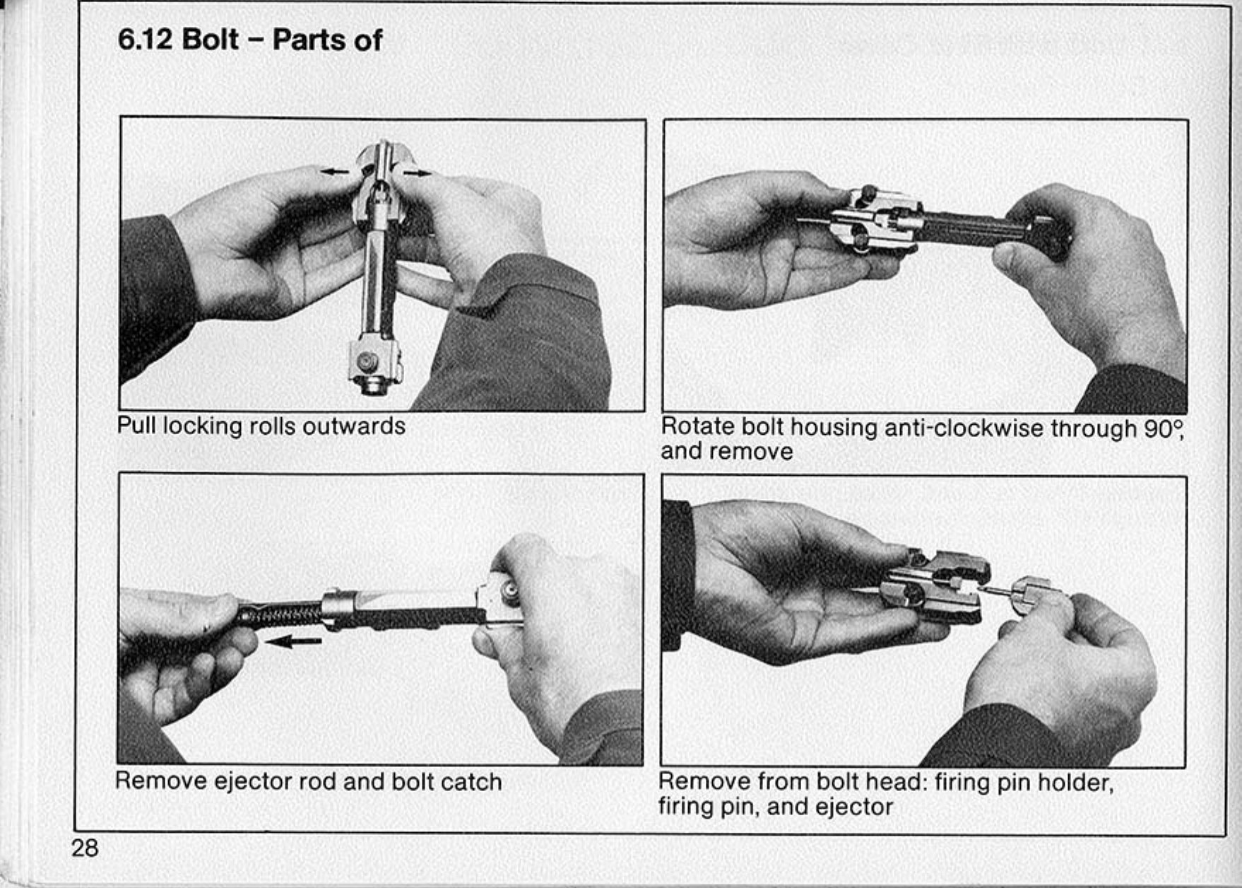 Figure 2 — The MG 3 bolt's detail strip, from the maker's manual: pull the locking rolls outwards; rotate the bolt housing anti-clockwise through 90° and remove it; remove the ejector rod and bolt catch; remo…