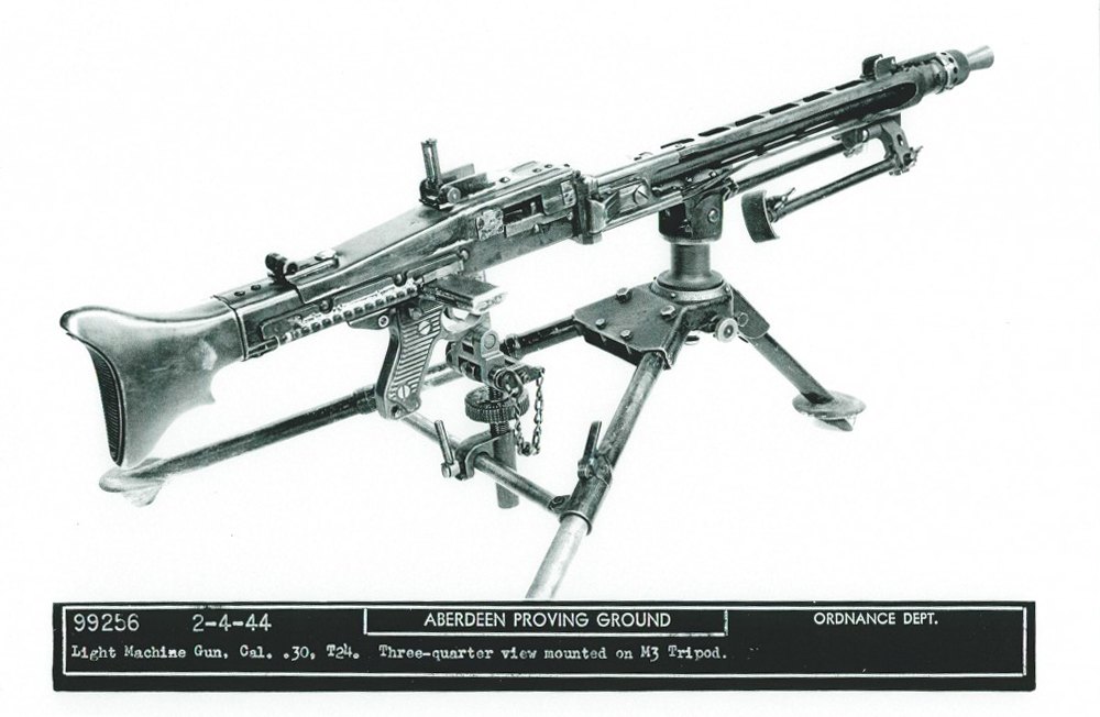 Figure 4 — The US T24, a Saginaw-built copy of the MG 42 in .30-06, photographed at Aberdeen Proving Ground on 4 February 1944 on the US M3 tripod. Externally it is an MG 42; the length of the receiver is whe…