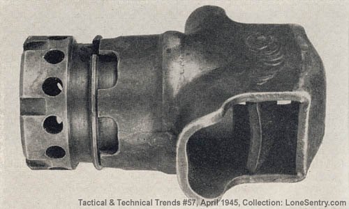 Figure 8 — The muzzle brake for the MG 42 in the heavy-machine-gun role, with its two baffle plates and the cylindrical end of the recoil booster just visible inside. Tactical and Technical Trends No. 57 (Apr…