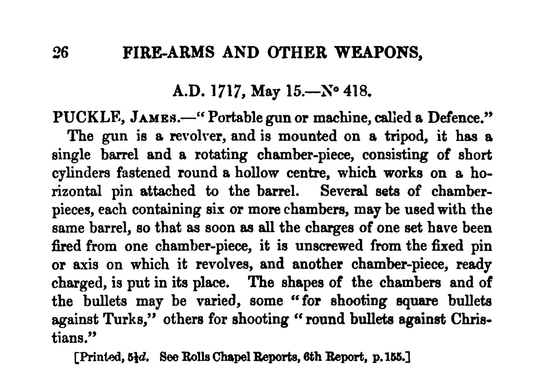 Figure 6 — The 1859 abridgment: Patents for Inventions. Abridgments of Specifications relating to Fire-arms and other Weapons, Ammunition, and Accoutrements (Great Seal Patent Office, 1859), p. 26. The entry …