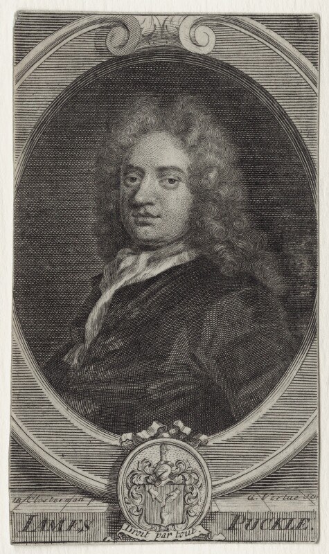 Figure 2 — James Puckle in 1713: line engraving by George Vertue after a portrait by John Closterman, issued with the 1713 editions of Puckle's book The Club. Public domain; Wikimedia Commons.