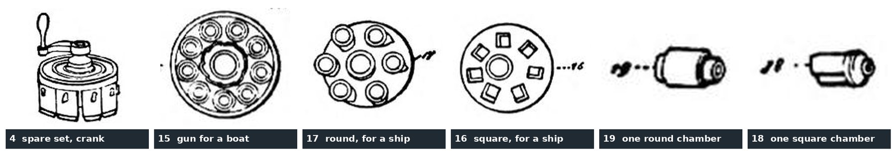 Figure 5 — The chamber sets and single chambers drawn on the print, cut from the Chinn scan and set side by side with their key numbers. Counted from the drawing: the spare set (4) carries a crank on its cent…
