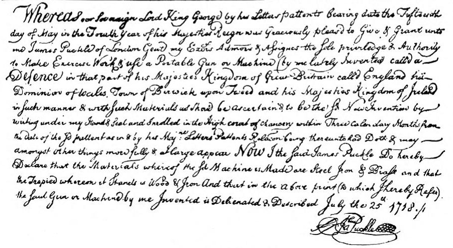 Figure 3 — Puckle's declaration of 25 July 1718, enlarged from the same page. It recites the grant of 15 May "in the Fourth Year of his Majesties Reign", the condition that the invention be described in writi…