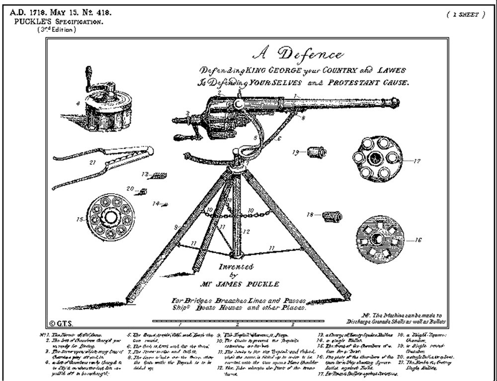 Figure 4 — The Patent Office's printed copy of the specification: "A.D. 1718. MAY 15. No 418. PUCKLE'S SPECIFICATION. (3rd Edition)", one sheet, with the engraving and the numbered key below it. This copy was…