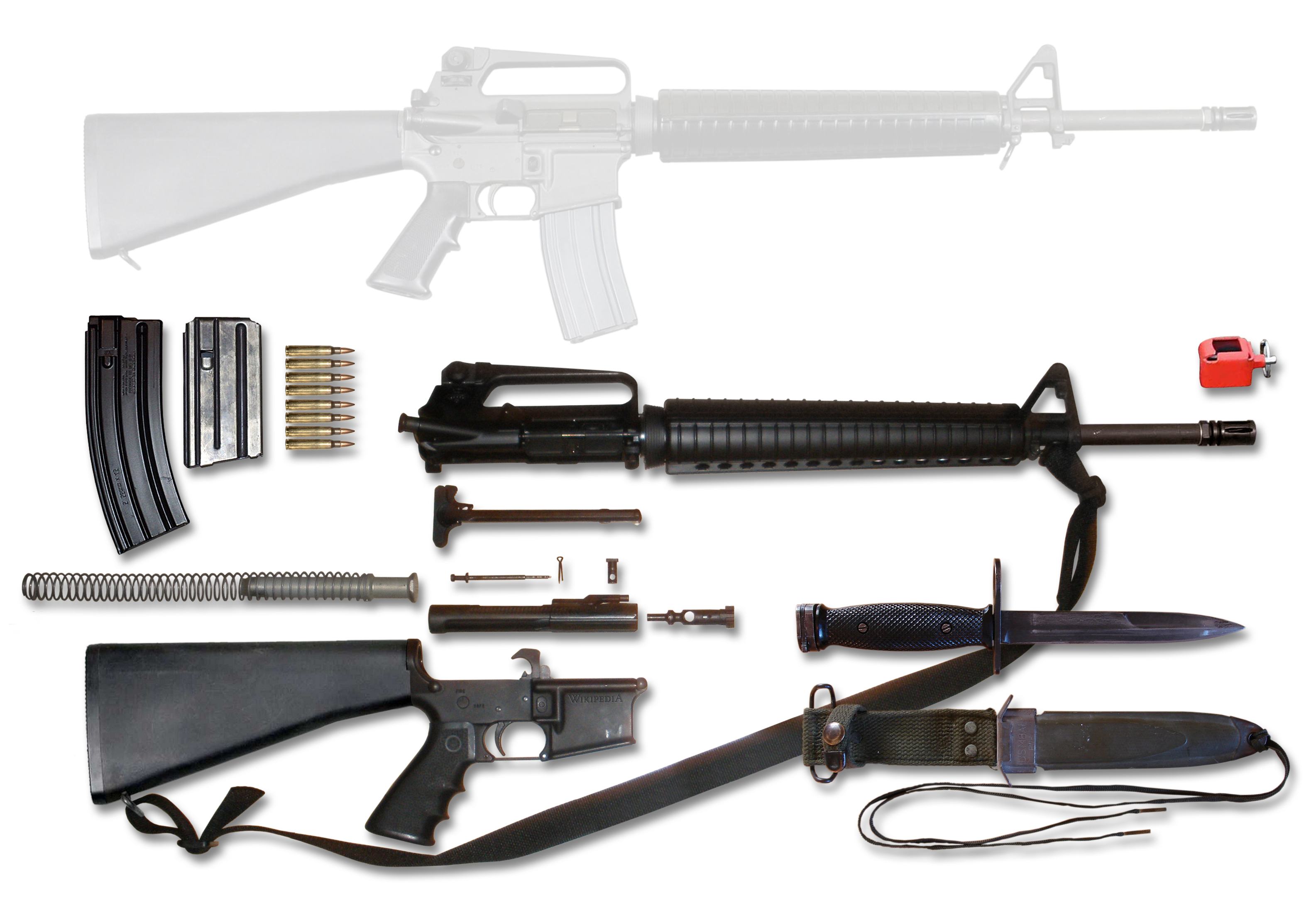 Figure 1 — An AR-15 laid out in its major components. Converting a rifle of this pattern to .300 Blackout requires changing exactly one of the parts in this photograph, which is the cartridge's central design…