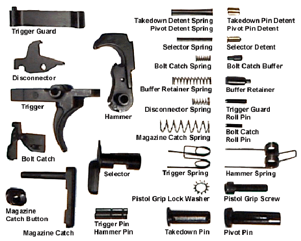 Figure 3 — A complete AR-15 lower parts kit, labelled. Every part in this diagram is identical between a 5.56 build and a .300 Blackout build; none of them knows or cares what cartridge the barrel is chambere…
