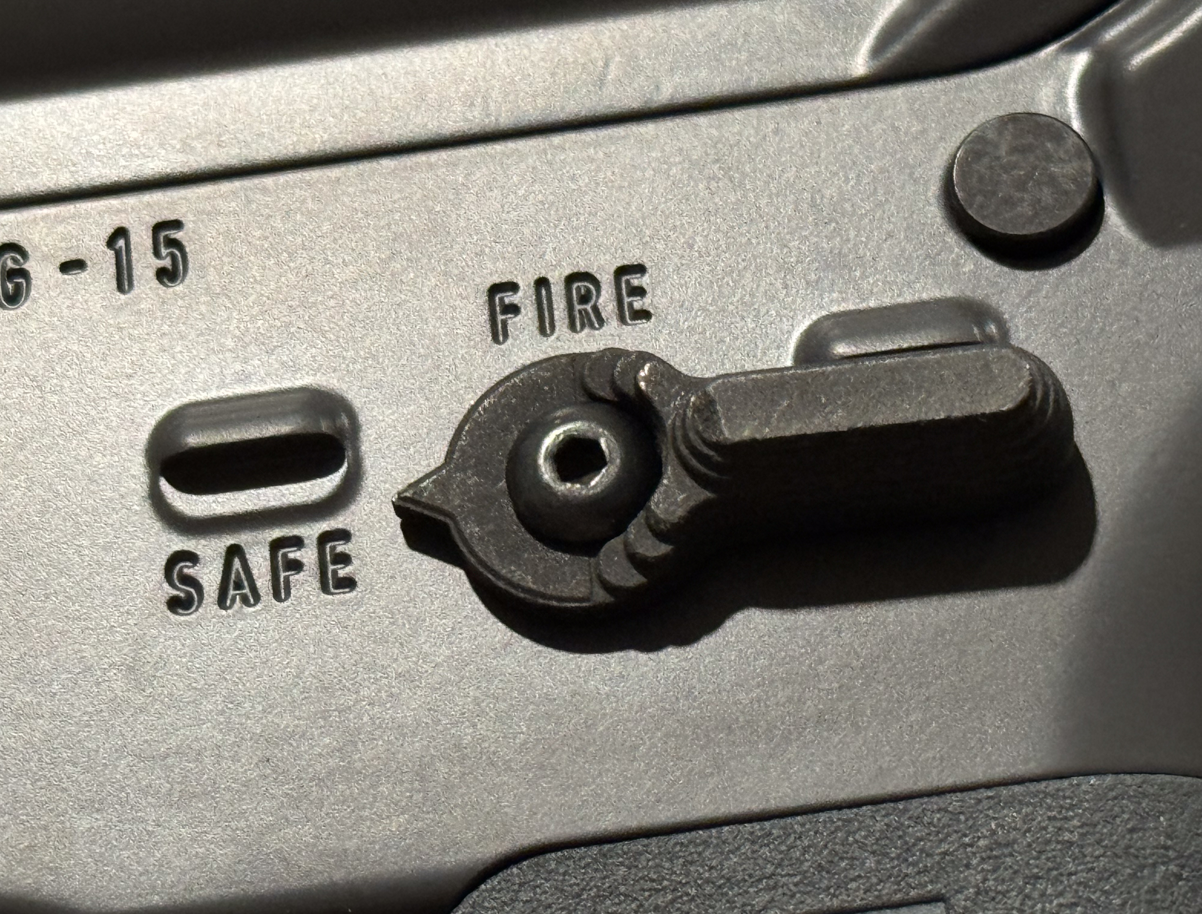 Figure 5 — The safety selector in the SAFE position. The manual of arms on a .300 Blackout build is the AR manual of arms, unchanged; nothing about the controls tells the shooter what the weapon is chambered …