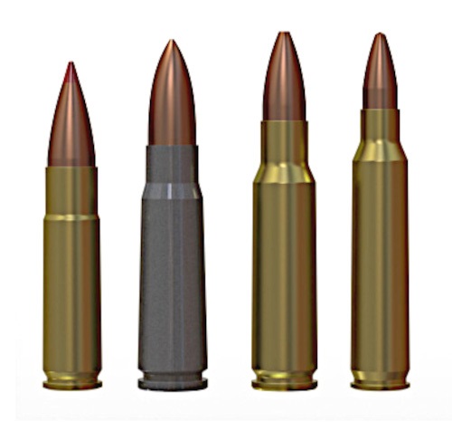 Figure 3 — .300 Blackout beside other cartridges for scale. What the cartridge buys is a .30-calibre bullet in an unmodified AR-15; what it gives up is everything that happens past about 150 yards. Source: co…