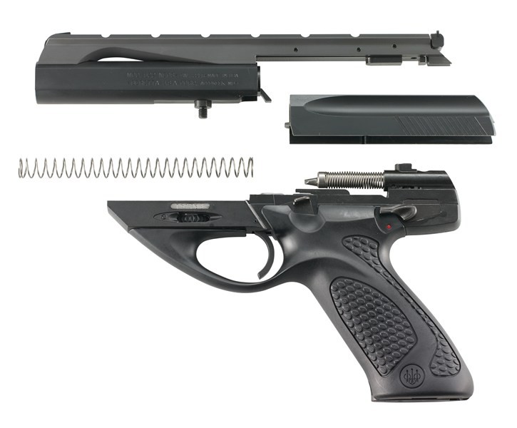 Figure 1 — A blued U22 Neos field-stripped. Four groups plus the magazine: the barrel unit carrying the rail and both sights, the slide, the recoil spring, and the receiver with the grip module still attached…