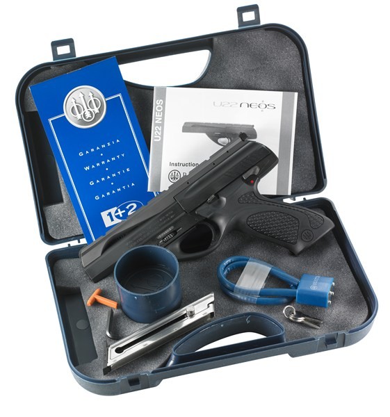 Figure 3 — The U22 Neos as it was sold: the pistol, two magazines, the multi-purpose tool that doubles as a sight adjuster and grip-removal wrench, the cable lock and the orange chamber plug, in the moulded c…