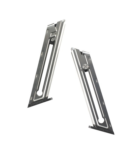 Figure 5 — A U22 Neos magazine. Ten rounds, single column, stainless steel, with the oversized external follower button that lets the spring be compressed from outside the body. Beretta studio photograph, rec…