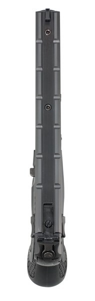 Figure 6 — The Neos from directly above. The rail runs unbroken from the front sight to the rear sight; the slide is the short cross-hatched section, and it sits beneath and beside the rail, not under it. Ber…