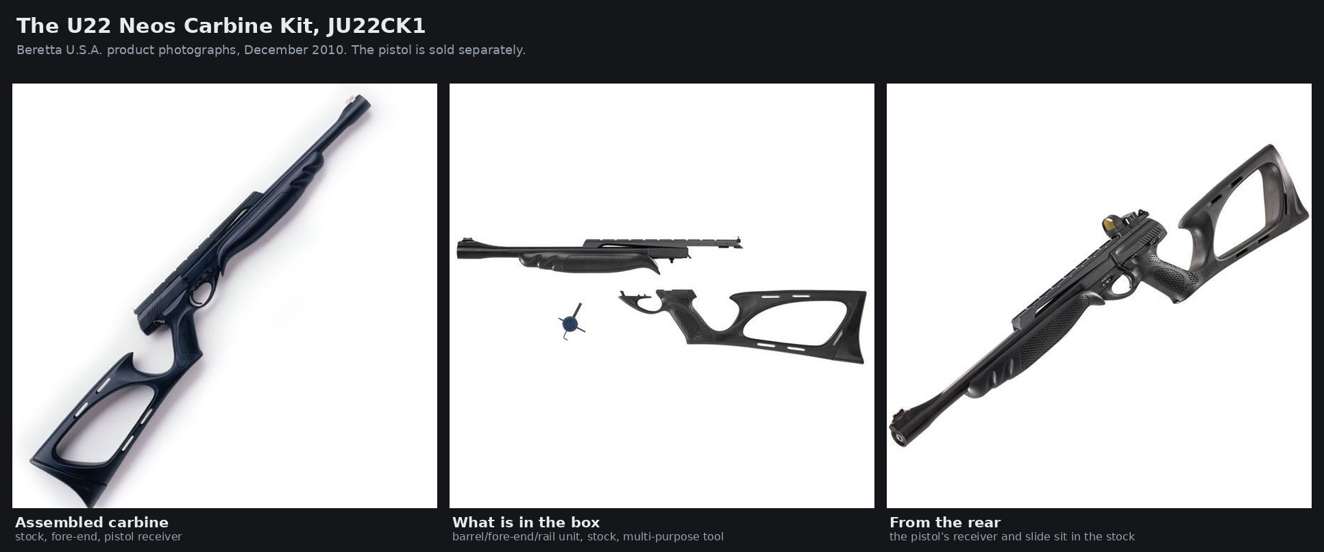Figure 2 — What the kit contains, as Beretta photographed it: the barrel, fore-end and top-rail assembly as one piece; the skeletonised stock; and the multi-purpose tool. The pistol is sold separately. Berett…
