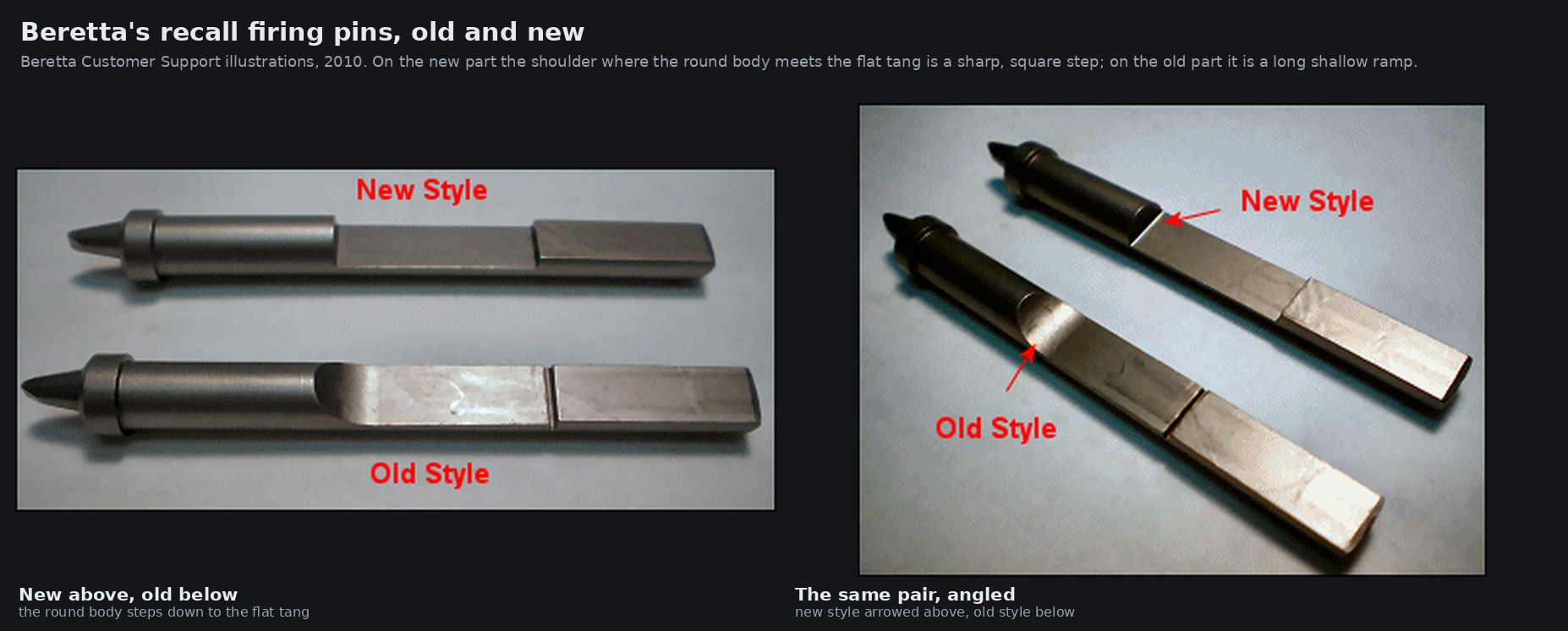 Figure 3 — The two firing pins as Beretta photographed them for the recall. The difference is in the forward half of the pin, at the shoulder where the round body steps down to the flat tang: on the New Style…
