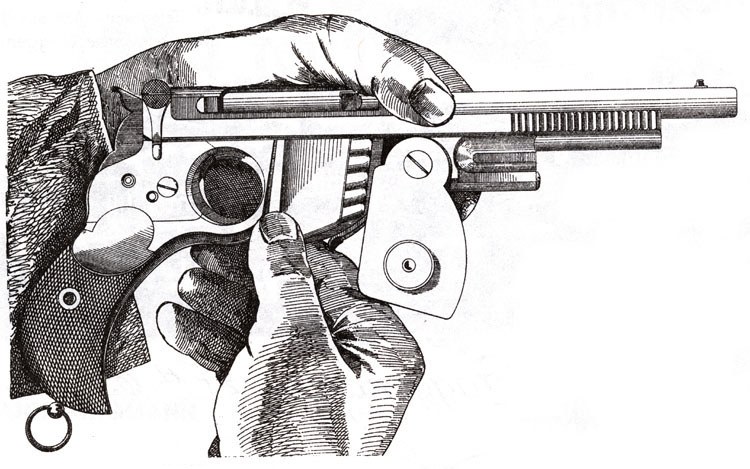 Figure 4 — A contemporary engraving of an early Bergmann being loaded: the sideplate swung forward and a clip of cartridges pressed down into the magazine. The source publication is not named where the image …