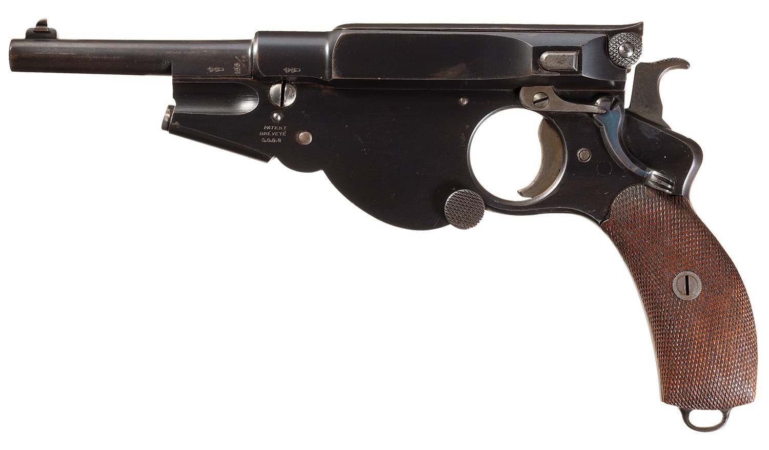 Figure 6 — A late Bergmann 1896 No. 4 in 8 mm, serial 2429, left side, with the 156/14 calibre code and proof on the barrel and PATENT / BRÉVETÉ / S.G.D.G. on the frame. Photograph Rock Island Auction Company…