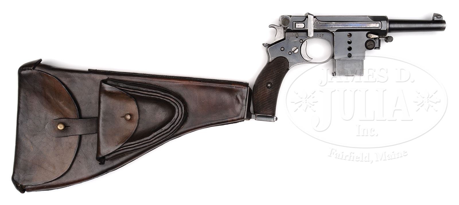 Figure 1 — Bergmann M1897 No. 5, serial 117, with its matching leather holster-stock attached. This is the pistol whose bolt cover is inscribed to Dr Reinhold Günther. Photograph James D. Julia, Inc., Fall 20…