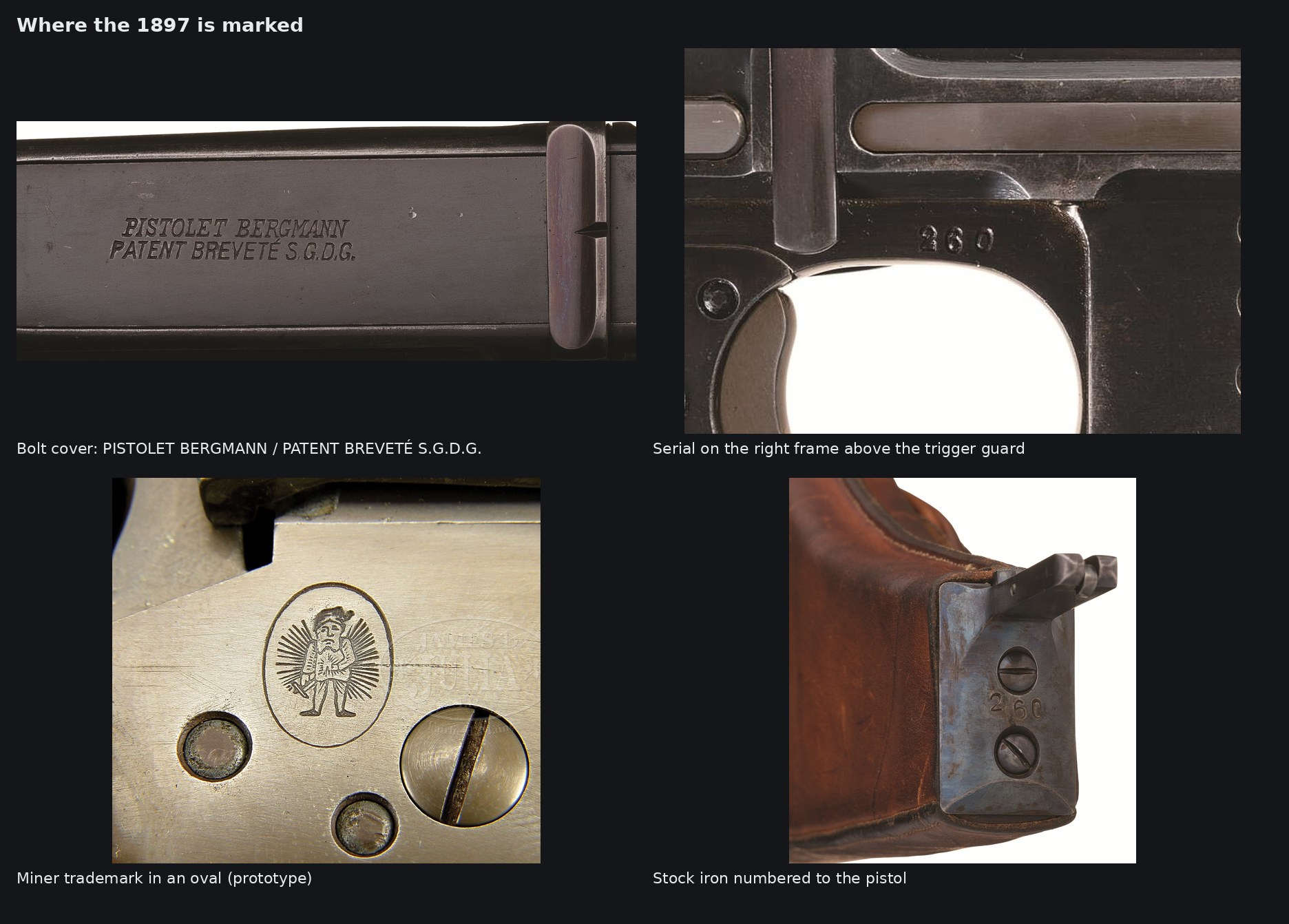 Figure 3 — Where the 1897 is marked: the bolt cover (PISTOLET BERGMANN / PATENT BREVETÉ S.G.D.G.), the serial on the right of the frame above the trigger guard, the miner trademark in its oval (here on the pr…