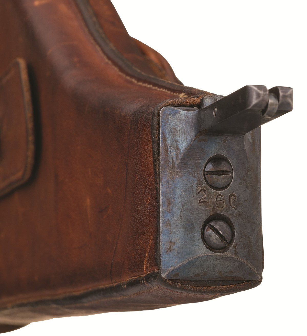 Figure 2 — The iron of serial 260's holster-stock, numbered 260 to match the pistol. A stock numbered to the gun is the clearest evidence that it is the gun's original, which is what the Section IIIA entries …