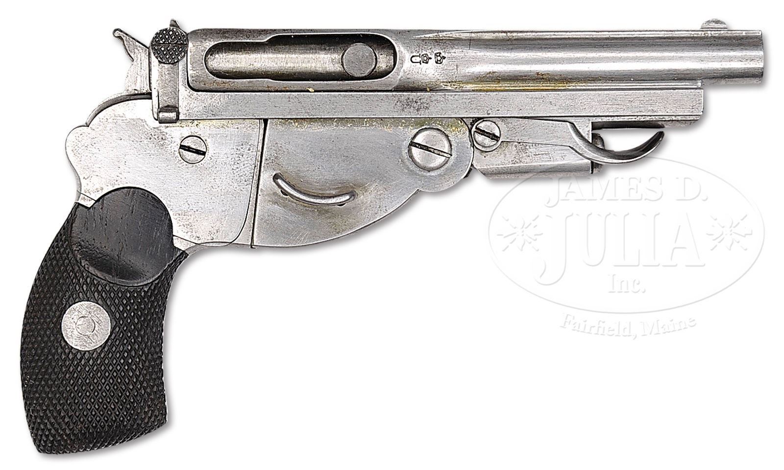 Figure 5 — The unnumbered 5 mm toolroom Bergmann of about 1894, from the James D. Julia sale of the Sturgess collection: a tiny pistol with a forward-folding trigger and the closing-spring housing under the b…