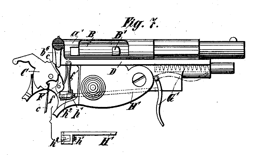 Figure 4 — The patent's version: Fig. 7 of US 547,454 (1895), a small model whose trigger G' folds forward and works the sear through the rail H'. Public domain.