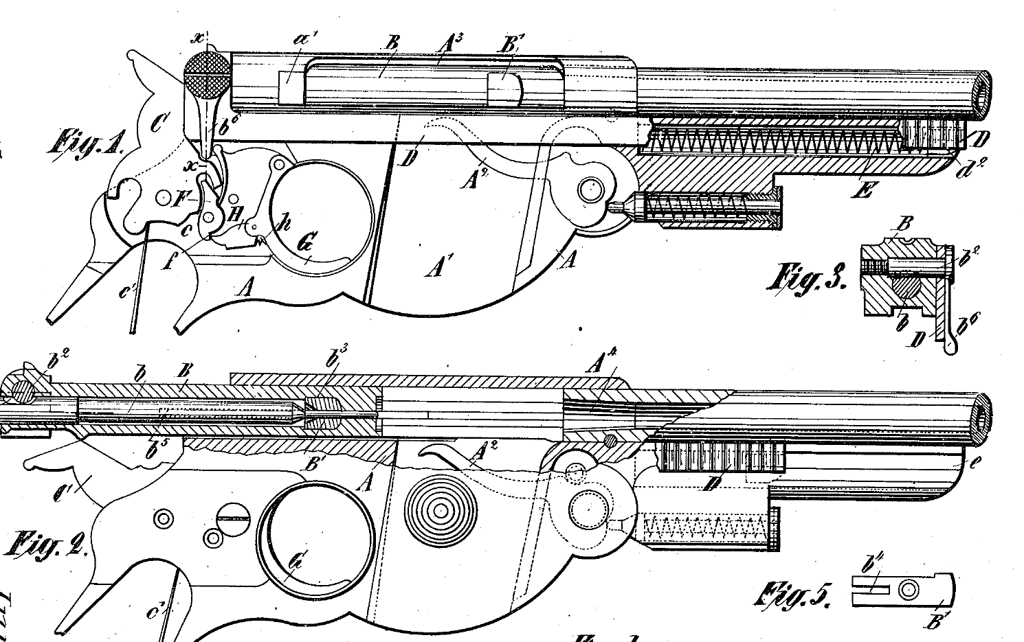 Figure 3 — Sheet 1 of US 547,454 (1895), rotated so the muzzle points right. Fig. 1 (top) shows the bolt B closed, the hammer C at rest and the closing spring E in its tube under the barrel, joined to the bol…