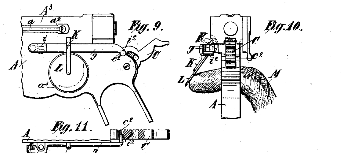 Figure 2 — The trigger-safety of the 1893 patent, Figs. 9 to 11 of US 547,454: the disc L over the trigger opening is pushed aside by the finger M as it enters the guard, which frees the hammer. Not seen on a…
