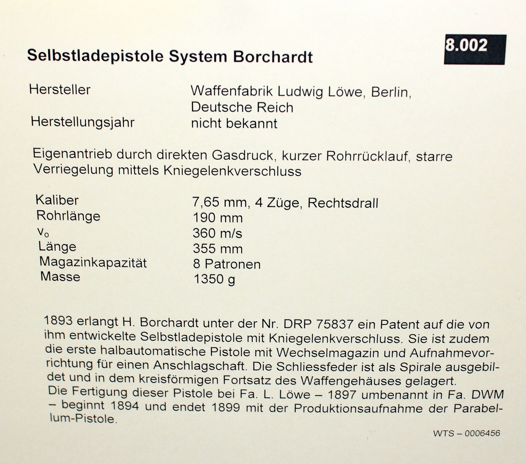 Figure 4 — The WTS Koblenz label for its C-93. It gives the maker as Waffenfabrik Ludwig Löwe, Berlin, year of manufacture unknown; calibre 7.65 mm with four grooves, right-hand twist; barrel 190 mm; muzzle v…