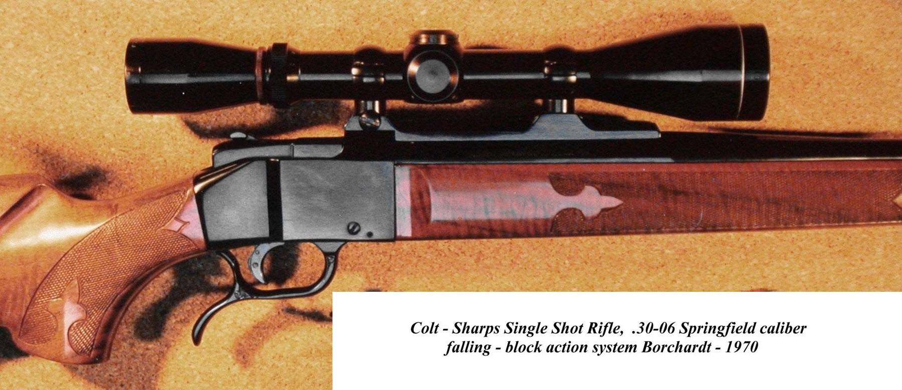 Figure 5 — A Colt-Sharps single-shot rifle in .30-06, captioned by its photographer as a falling-block action of the Borchardt system, 1970. The identification is the photographer's caption, not a verified Co…