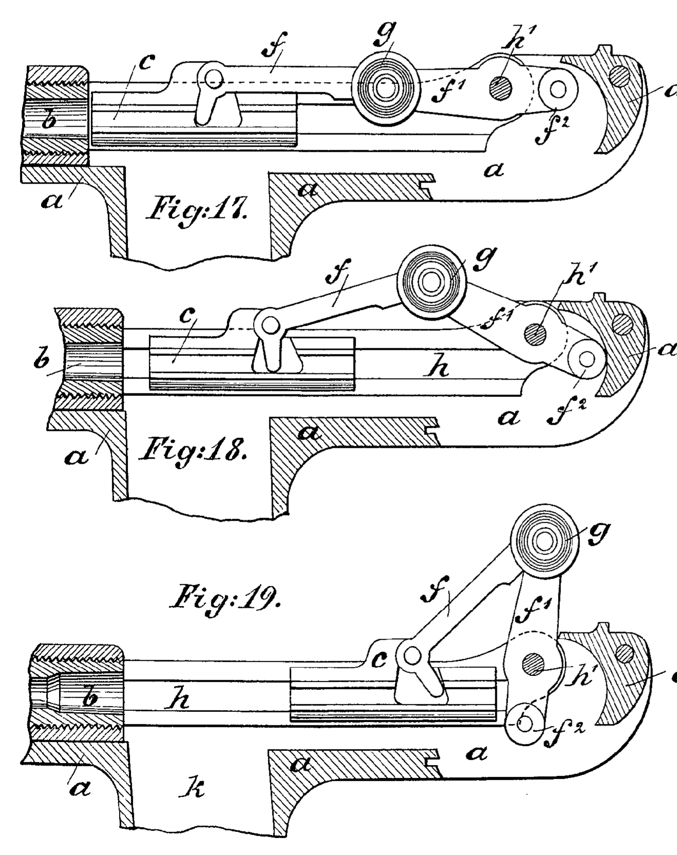 Figure 10 — Borchardt's own three-stage drawing of the toggle opening, Figs. 17 to 19 of German patent DRP 75,837 (1893), which the patent describes as a schematic of the parts in three positions as the breech…