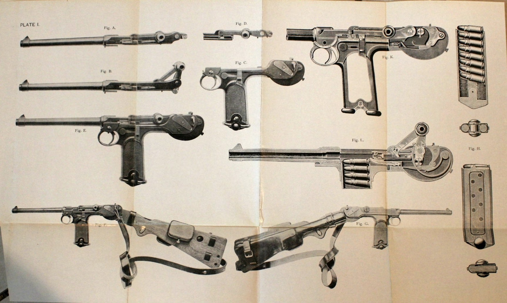 Figure 2 — Plate I of the DWM English manual. It shows the firing system on its own, closed and open; the grip on its own with spring box, ejector, trigger, safety and magazine; the pistol with and without it…