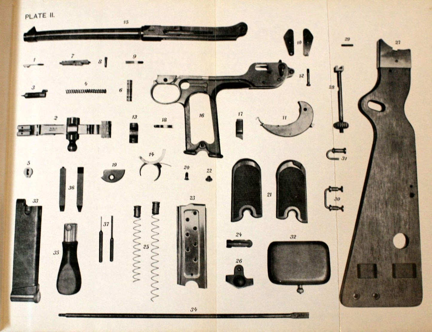 Figure 3 — The factory's own drawing of every part and implement, Plate II of the DWM English manual. It is the nearest thing to a parts drawing the factory published, and it gives shapes, not sizes.