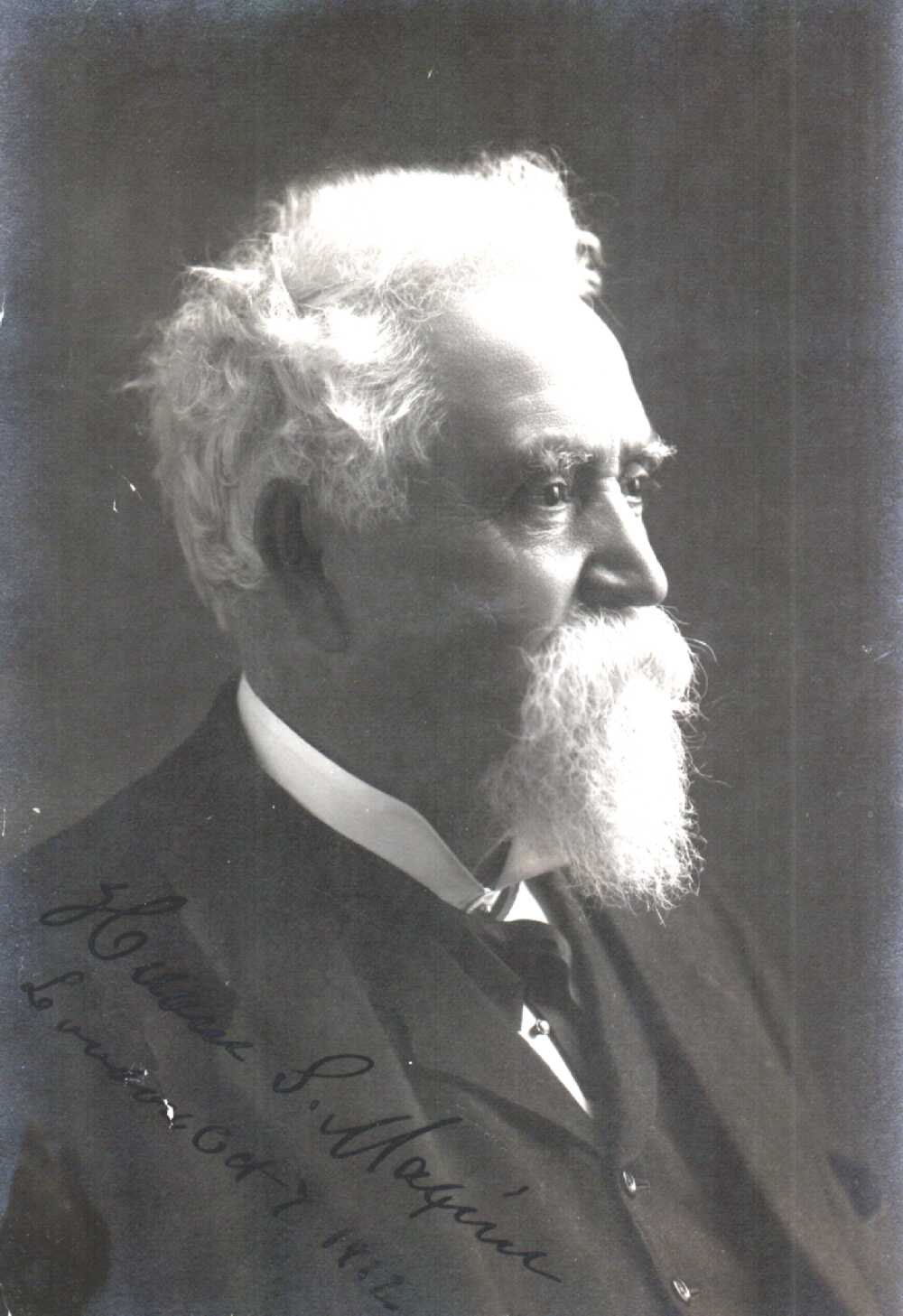 Figure 12 — Hiram Maxim. His company and the Loewe-DWM group were closely tied through the 1890s and after; the English encyclopaedia account of Ludwig Loewe notes that Sigmund Loewe was managing director of V…