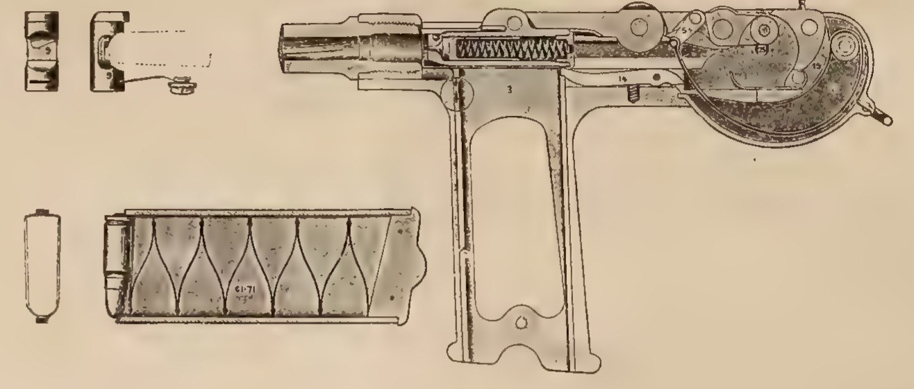 Figure 8 — The ONI plate's closed section, with the barrel and receiver, the striker spring in the breechblock, the straight toggle, and the spring arc in the housing; the magazine with its zig-zag leaves is …