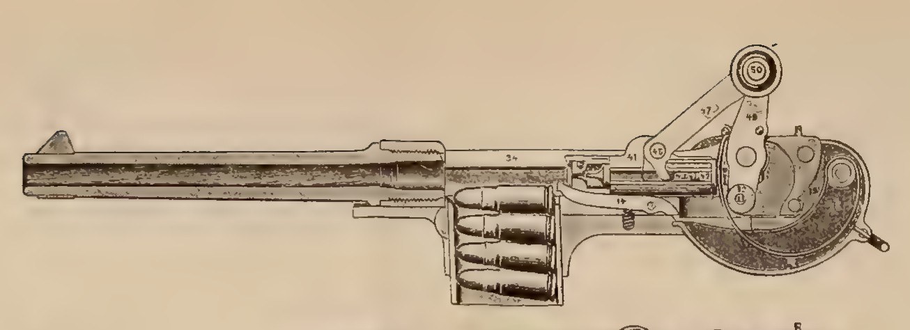 Figure 7 — The action in section from the ONI plate, open (top) and closed (bottom), with the magazine and its spring drawn in section below the closed view. In the open view the knee is up and the rollers ar…