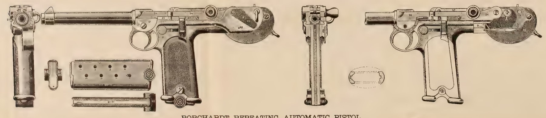 Figure 18 — The ONI plate's side, front and rear views. Left, the pistol from the rear and its left side, with the magazine drawn from two sides below; right, the front view and the left side again with the ch…